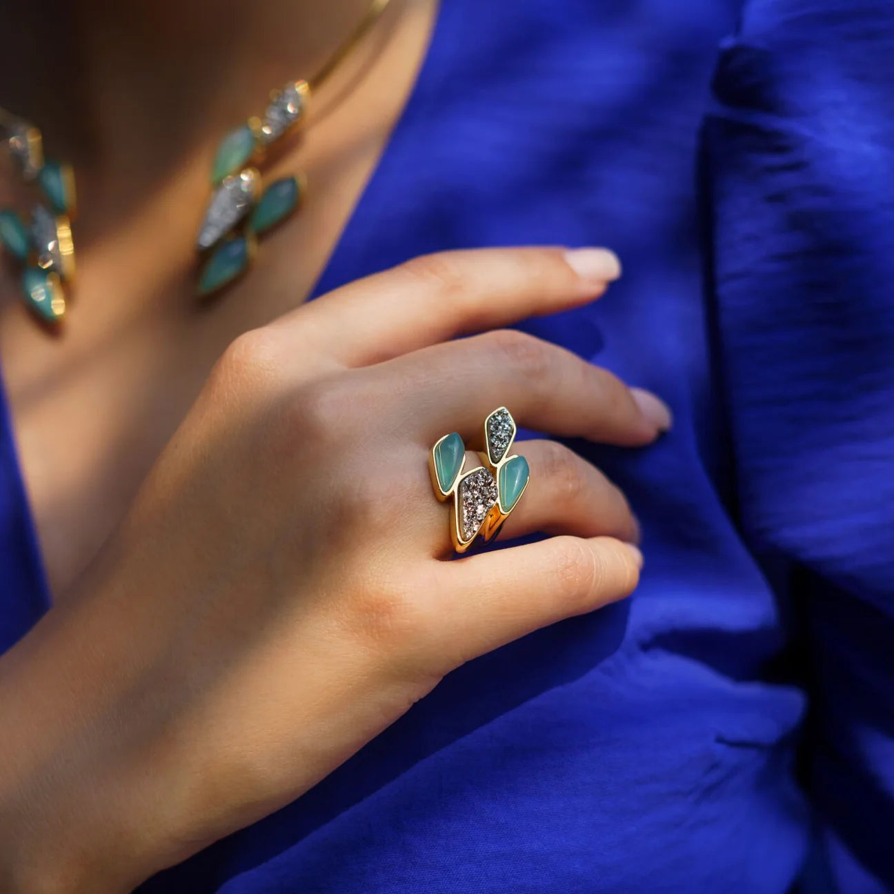 GAROA RING - BLUE AGATE/ PLATINUM DRUZY - ACQUA