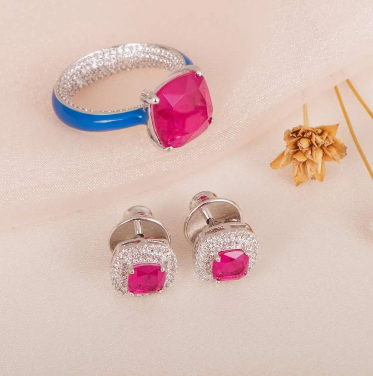 EARRING AND RING DENEVAN RHODIUM FUCHSIA - SALE