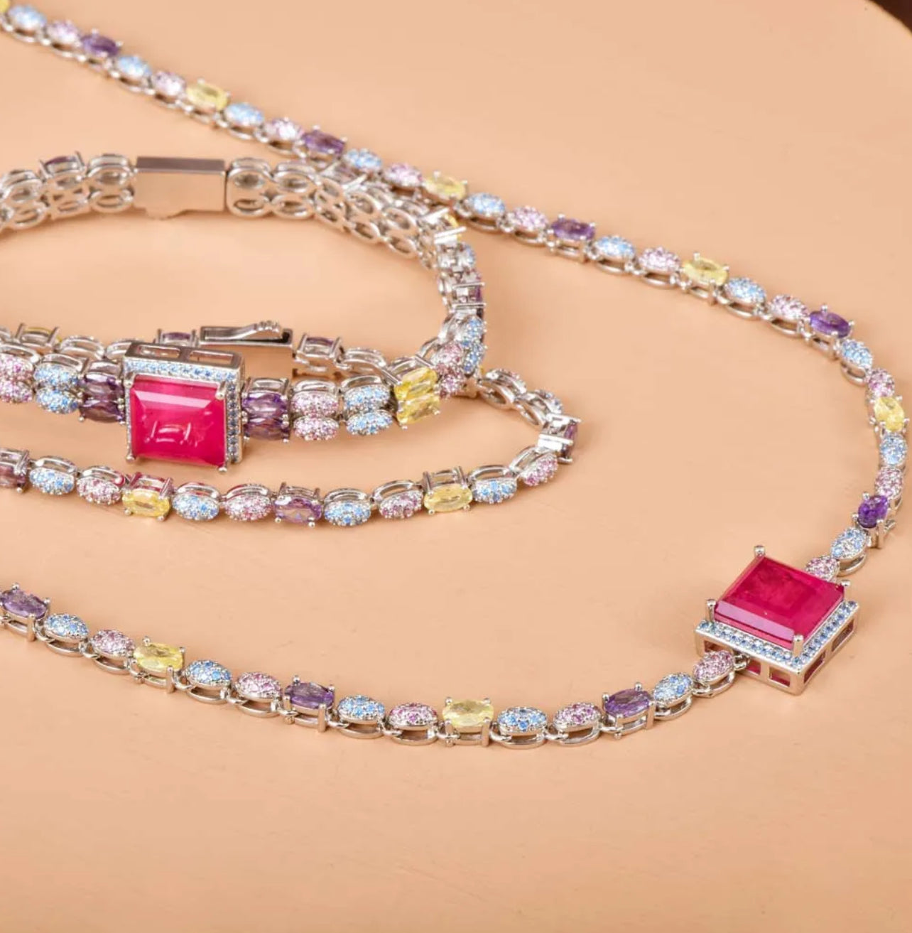 NECKLACE RHODIUM Z. AMETHYST /Z.DIAMANTE CANARIO/Z. SWISS/FUCSIA - SALE