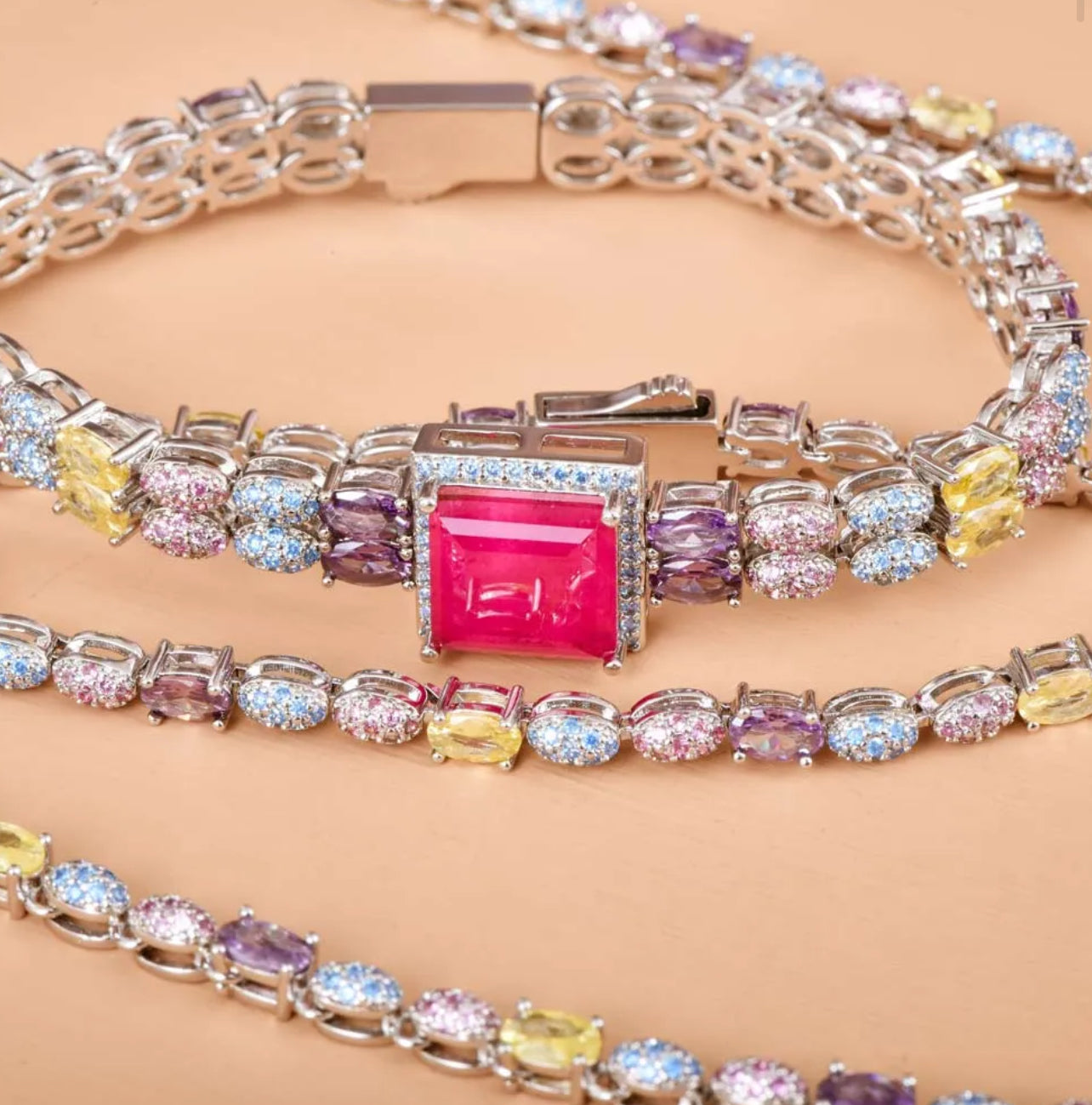 BRACELET RHODIUM Z. AMETHYST /Z.DIAMANTE CANARIO/Z. SWISS/FUCSIA - LUXURY